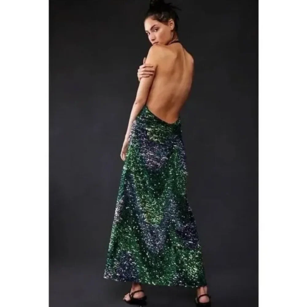 Free People Green and Blue Backless Dress - Picture 3 of 7